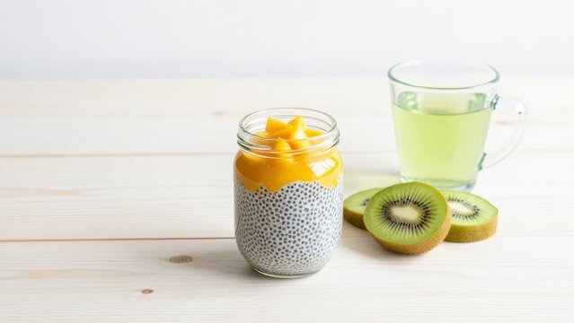 Chia pudding with mango puree and kiwi slices