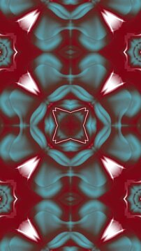Abstract red and teal geometric seamless pattern with symmetrical kaleidoscope shapes.