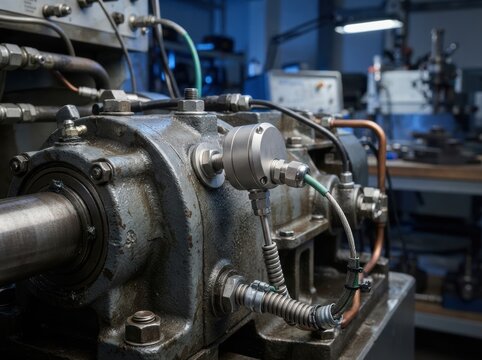 predictive maintenance vibration sensor Industrial machinery in a workshop with detailed metal components and wiring