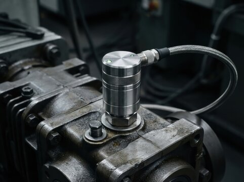 predictive maintenance vibration sensor Industrial machinery with a metal sensor connected by a flexible cable