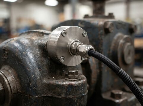 predictive maintenance vibration sensor Industrial metal machinery part with sensor and cable in manufacturing setting