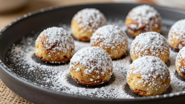 Delicious small cakes dusted with powdered sugar on a dark plate