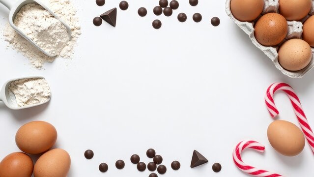 Baking ingredients frame on white background