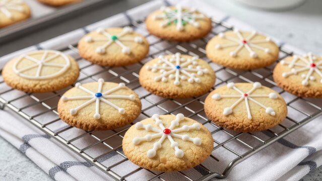 Decorated Christmas snowflake cookies cooling on a wire rack