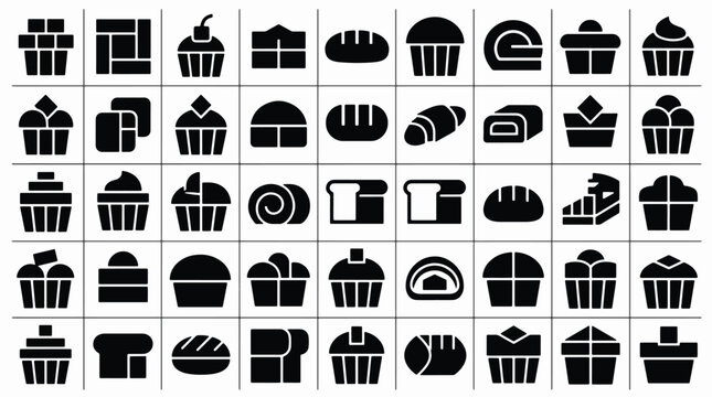 Minimalist black bakery icon set featuring cupcakes bread and sweet cakes