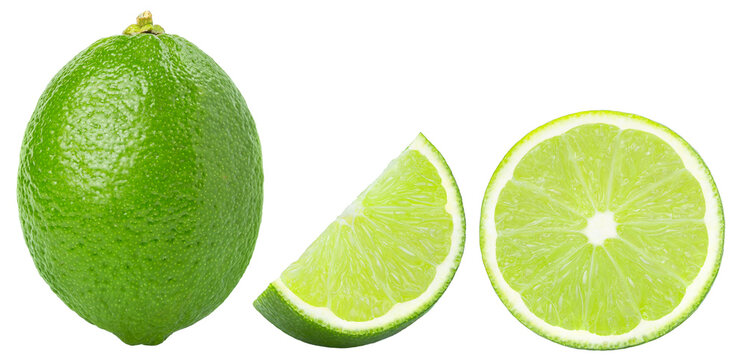 Isolated limes citrus fruits set. Whole fresh lime, cut in a slice and half of lime isolate on white collection. Not AI. Top view of lime fruits.