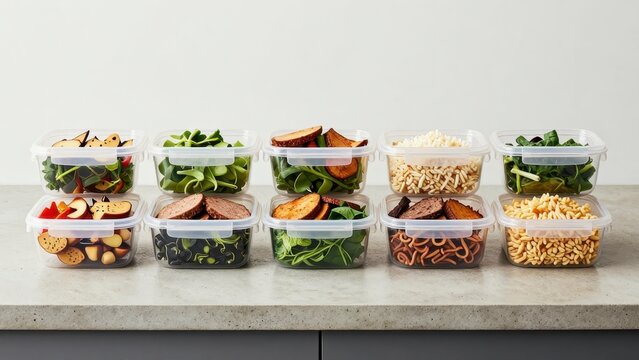 Meal prep containers with various healthy ingredients on counter