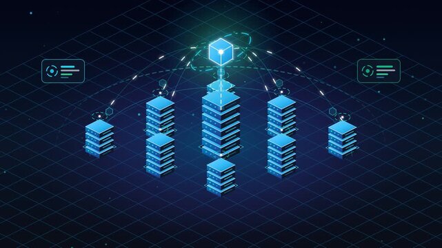 3D Isometric Server Chaos Self Assembling into Cloud Computing Network with Hexagonal Cybersecurity Shield 4K Animation