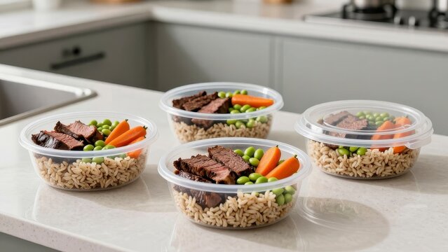 Meal prep containers with steak rice and vegetables on kitchen counter