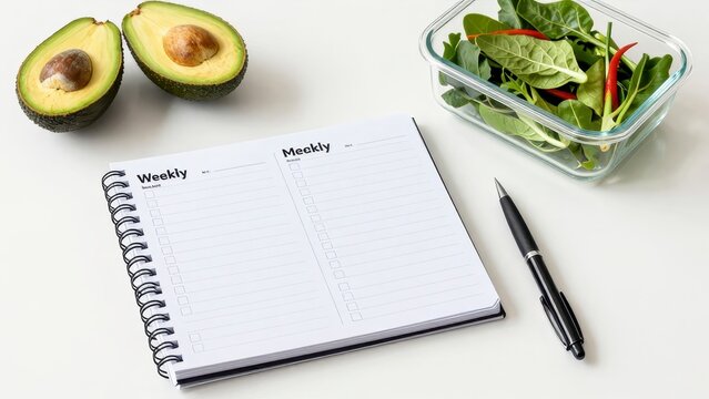 Healthy diet planning with notebook avocado and salad