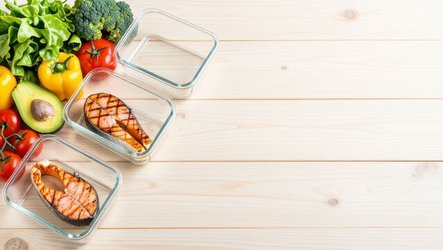 Healthy meal prep containers with salmon and fresh vegetables