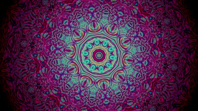 Vibrant Purple And Teal Kaleidoscopic Mandala Animation Looping With Intricate Geometric Patterns
