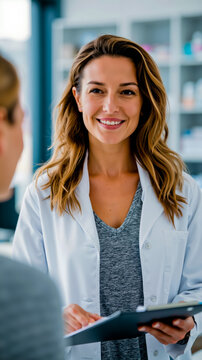 A smiling woman in a white coat and gray shirt holding a clipboard in a professional setting