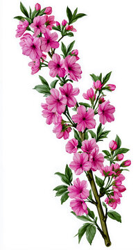 A digital illustration of a branch of pink flowers with green leaves