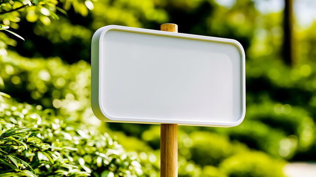 A white sign with a wooden post in a green forest