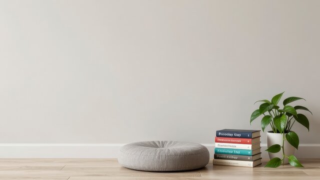 Minimalist living room interior with grey wall and floor cushion