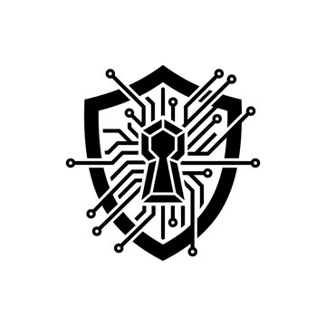 Abstract digital shield icon with a keyhole integrated into a circuit board pattern.