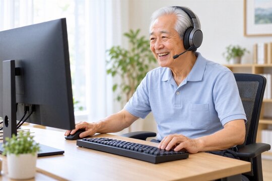 ヘッドセットをつけてPCゲームを楽しむ日本人シニア男性