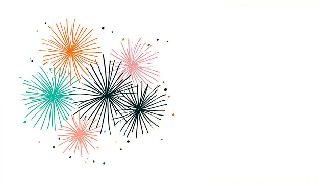 A graphic illustration of fireworks in various colors and patterns with a white background
