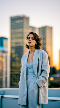 A woman in a light blue suit and top stands on a bridge with a city skyline in the background