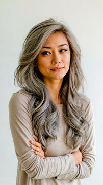 A woman with long gray hair and a light brown shirt