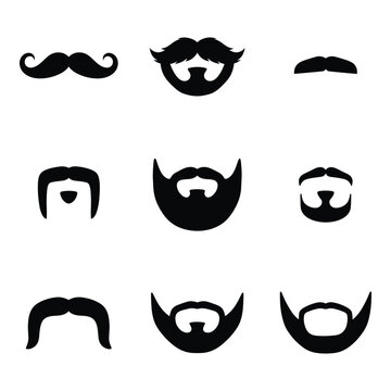Set of various mustache and beard styles for men featuring different shapes and grooming for barber shop branding