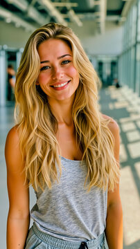 A woman with long blonde hair smiling at the camera