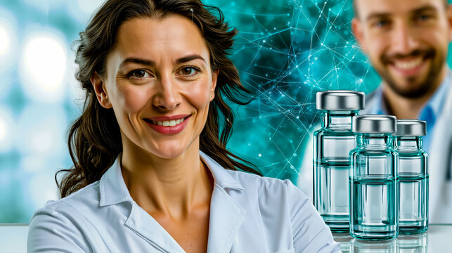 A smiling woman in a white shirt with a background of blue and white lights and a man in the background