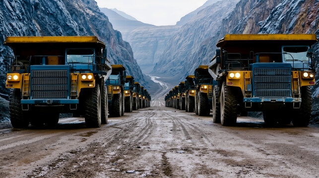 A line of yellow and blue dump trucks driving down a dirt road between two rocky cliffs