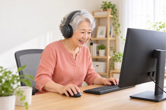 ヘッドセットをつけてPCゲームを楽しむ日本人シニア女性