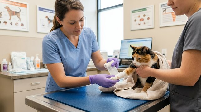 Professional veterinarian carefully applying white medical gauze bandage to injured pawcute tricolor calico domestic cat during pet treatment in modern animal health clinic hospital office