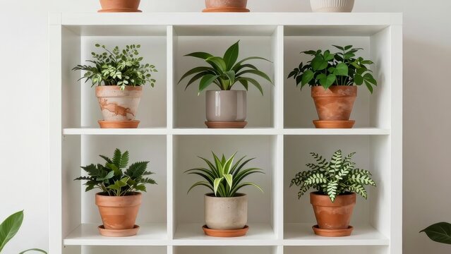 Modern white shelving unit with variety of potted indoor plants
