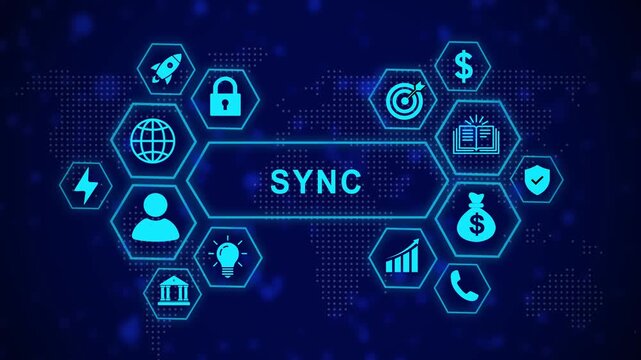 Digital sync interface featuring glowing hexagonal and global network connectivity for modern business communication, data integration, cloud computing, and advanced corporate technology 