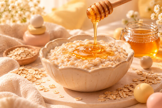 Golden honey dripping from wooden dipper onto warm creamy oatmeal porridge in ceramic bowl with rolled oats in morning sunlight