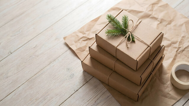 Stack of Recycled Kraft Cardboard Boxes Tied with Twine and Pine Twig as Eco Friendly Christmas Gifts