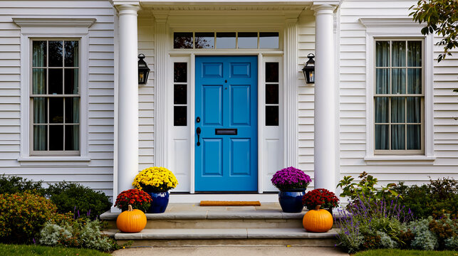 A blue front door with a white frame flanked by white columns is set against a white house with a porch and steps adorned with pumpkins and flowers
