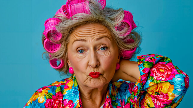 A woman with pink rollers in her hair wearing a colorful floral dress with red lipstick and pink earrings