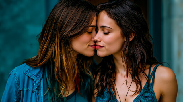 Two women with brown hair are kissing each other on the lips