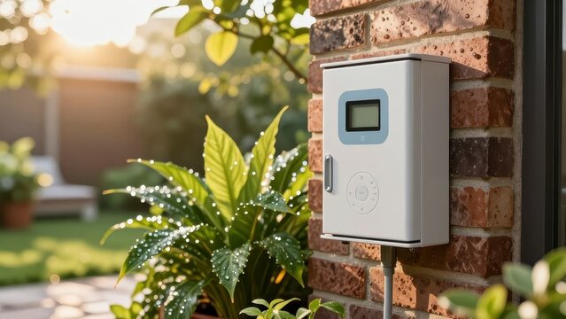 Smart irrigation controller mounted on brick wall in garden