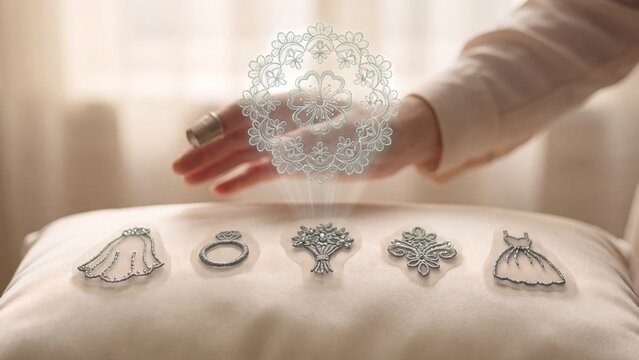 Bridal fashion and custom couture planning concept, designing wedding attire using virtual lace and accessory overlays, bridal boutique technology, wedding gown design, bridal atelier