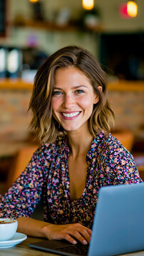 A woman with a smile on her face wearing a floral top sitting at a table with a laptop