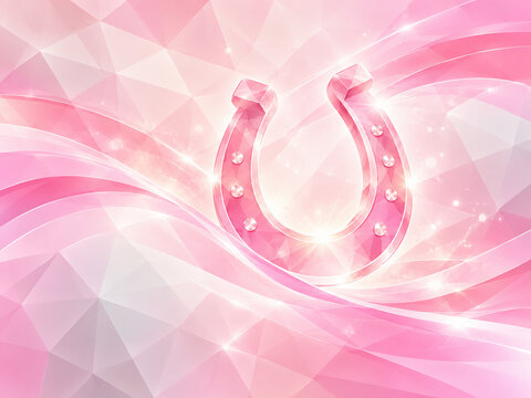 Shiny pink horseshoe surrounded by flowing pastel light ribbons, glowing sparkles and soft geometric patterns, creating a magical good luck symbol in a dreamy fantasy background.