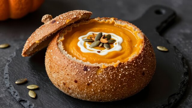 Pumpkin soup served in a hollowed-out bread bowl