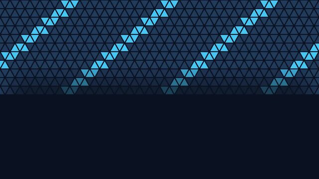 Animated geometric background with triangle tile pattern sequential highlight in blue and azure on a dark backdrop. Smooth 4K seamless loop with simple flat vector shapes and plenty of empty space for