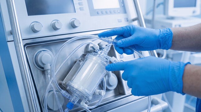 close-up of a perfusionist inspecting transparent tubing, connectors, and a membrane oxygenator circuit on an extracorporeal life-support system before clinical use