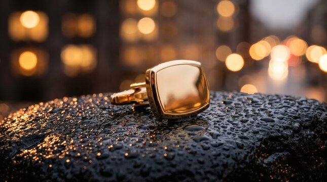 Polished gold cufflink resting on dark wet stone surface with blurred city lights for formal wear fashion concept.