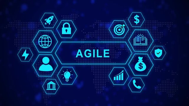 Agile methodology business strategy concept with glowing digital hexagon infographic and global network connectivity background, for corporate project, management and team, workflow solutions