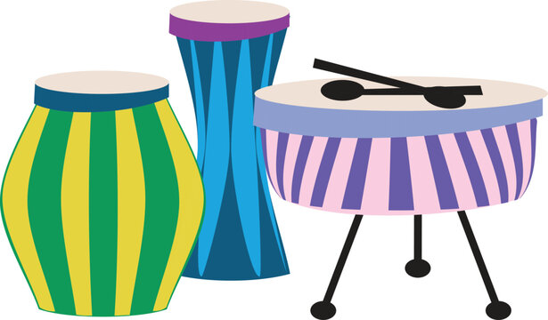 Colorful vector illustration depicts three conga drums with striped bodies and simple black stands percussion instruments rhythm