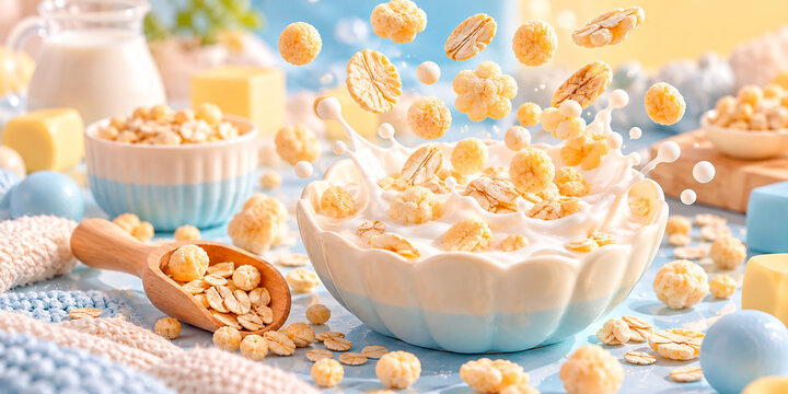 Crunchy breakfast cereal puffs and rolled oats falling into ceramic bowl with splashing milk on bright pastel blue background