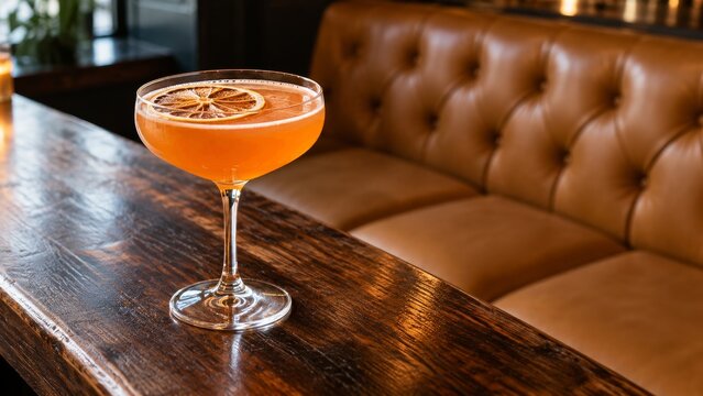 Orange cocktail with dried lemon in a coupe beside tan tufted bar seating